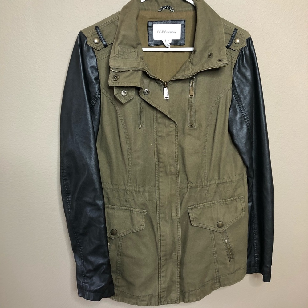 BCBG olive green coat with pleather black sleeves